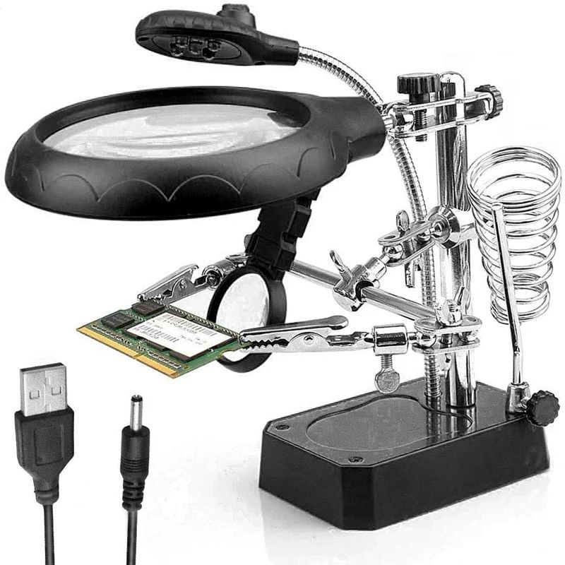 LED Light Magnifying Glass Soldering Stand with Adjustable Clips