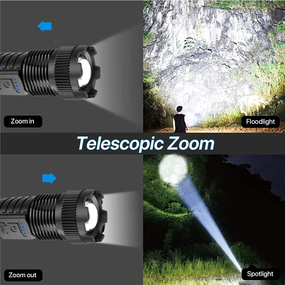 Telescopic Zoom Tactical Flashlight  Rechargeable LED Torch with  Lighting Modes, Waterproof, Long-Range for Camping