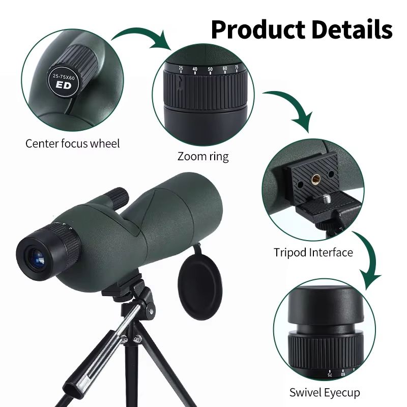 25-75x60 Zoom Spotting Scope Monocular with BAK4 Prism and ED Lens