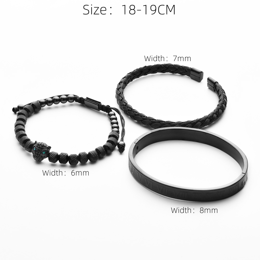Handmade Braiding Bracelet Set, Hip Hop Men's CZ Leopard Head & Roman Numeral Stainless Steel Jewelry