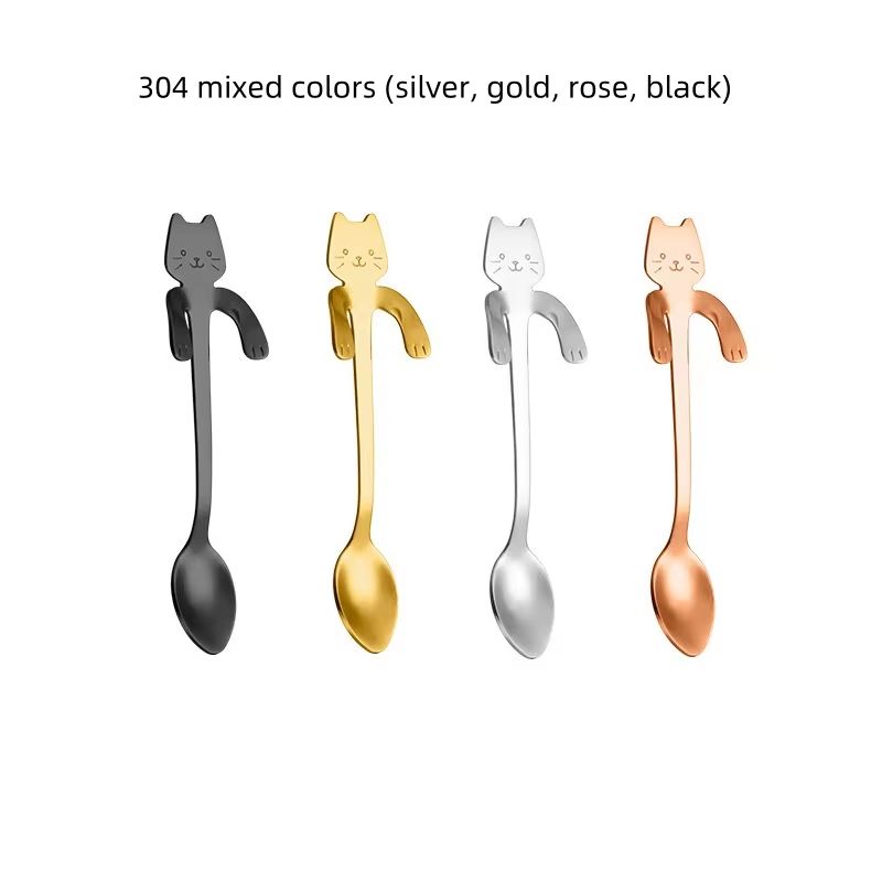 Creative 304 Stainless Steel Cat Coffee Spoon Hanging Edge Cute Stirring Spoon Set Gold Plated Teaspoon