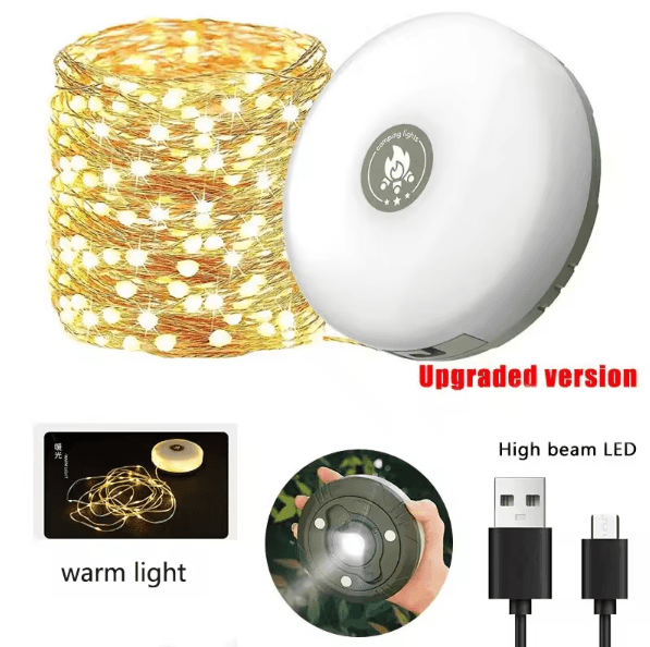 4-in-1 LED Camping String Lights with Retractable Reel & USB Recharge