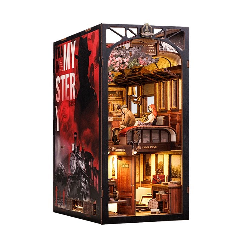 Detective Train Mystery DIY Book Nook, 3D Wooden Dollhouse Puzzle with Touch Light & Bookshelf Insert – Unique Gift Idea