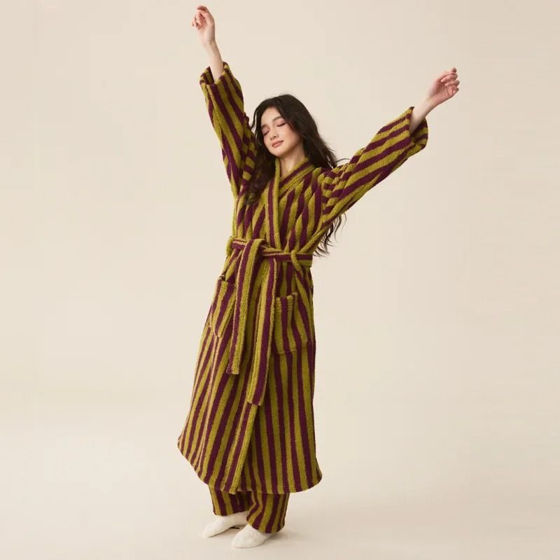 Thickened Flannel Robe & Pants Pajamas Set – Professional Autumn/Winter Striped Couples Home Clothes