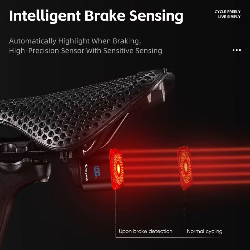 WEST BIKING Smart Bike Tail Light – Brake Sensing Rear Light with Digital Power Display & Auto On/Off