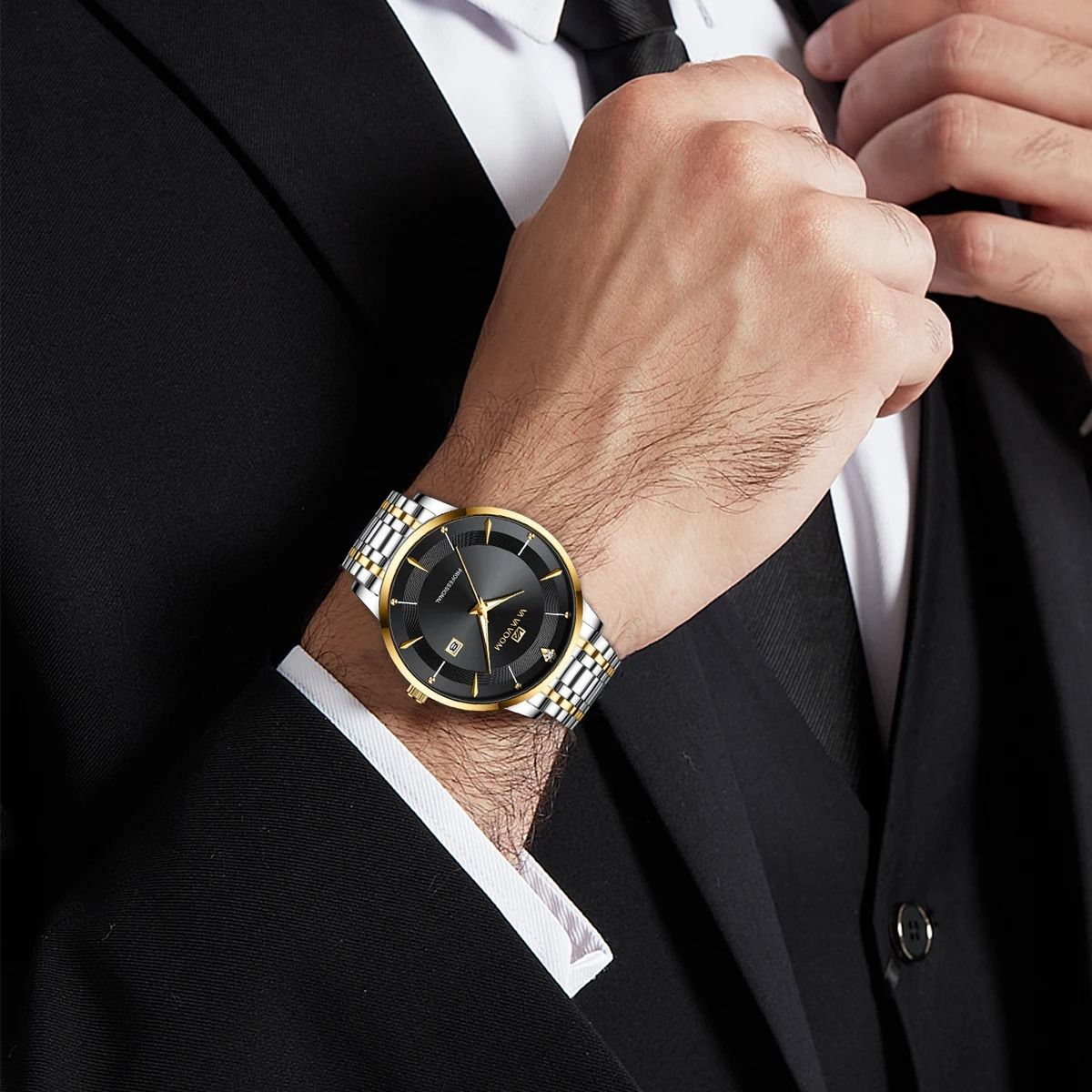 Mens Stainless Steel Rhinestone Business Watch 43mm Blue Gold Quartz