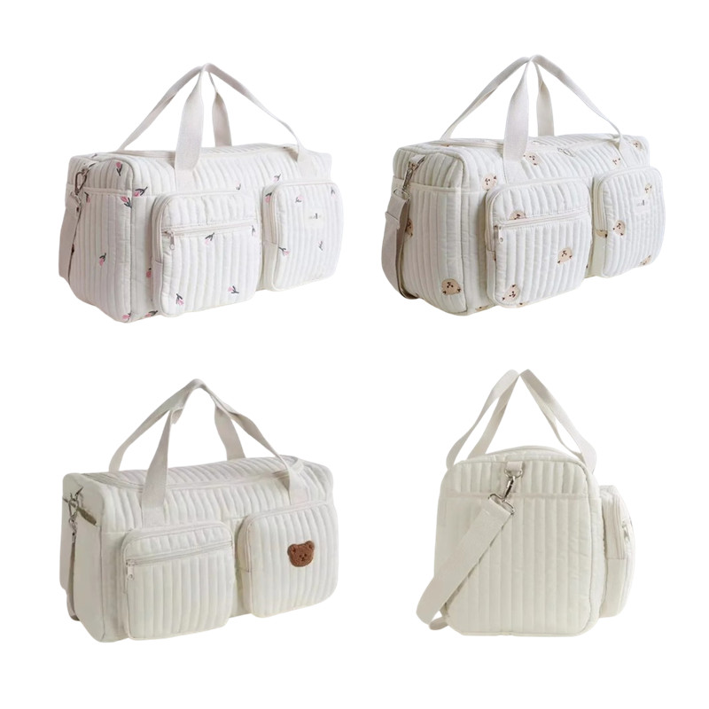 Baby Diaper Bag, Cute Bear Flower Embroidery Pattern, Beige Cotton Fabric Mommy Bag, Zipper Diaper Handbag, New Luggage