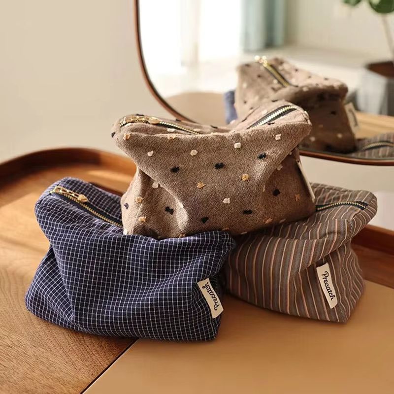 Checkered Striped Cosmetic Bag Square Zipper Makeup Storage Pouch