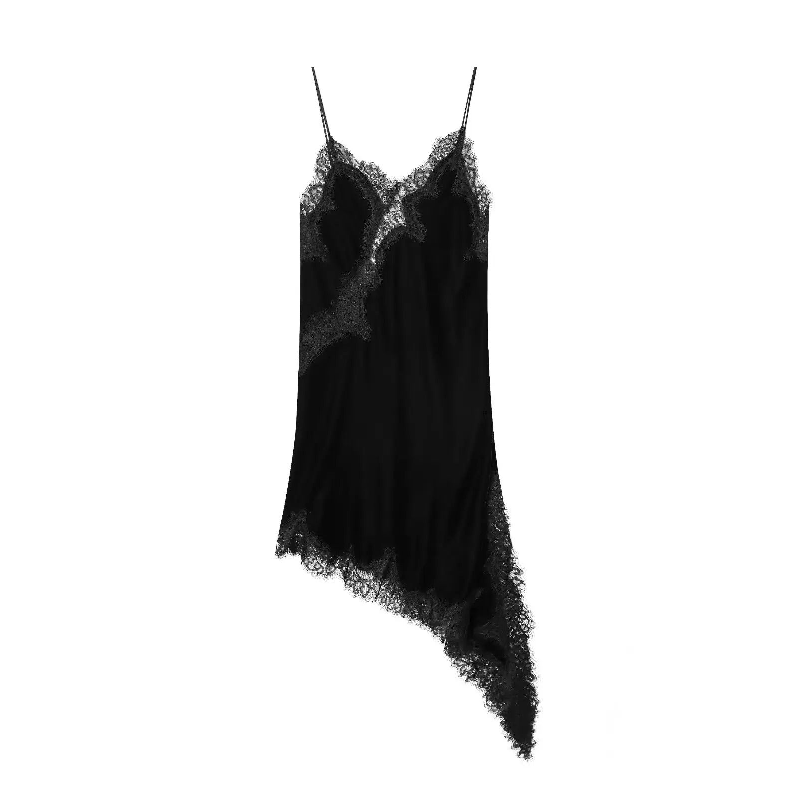 Women Fashion Sexy V Neck Lace Elegant Halter Dress Asymmetric Hem