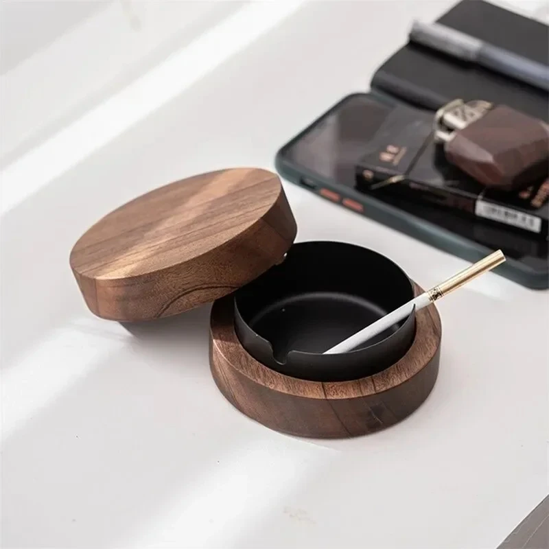 Windproof Walnut Wood Ashtray with Lid and Stainless Steel Liner for Home and Outdoor Use