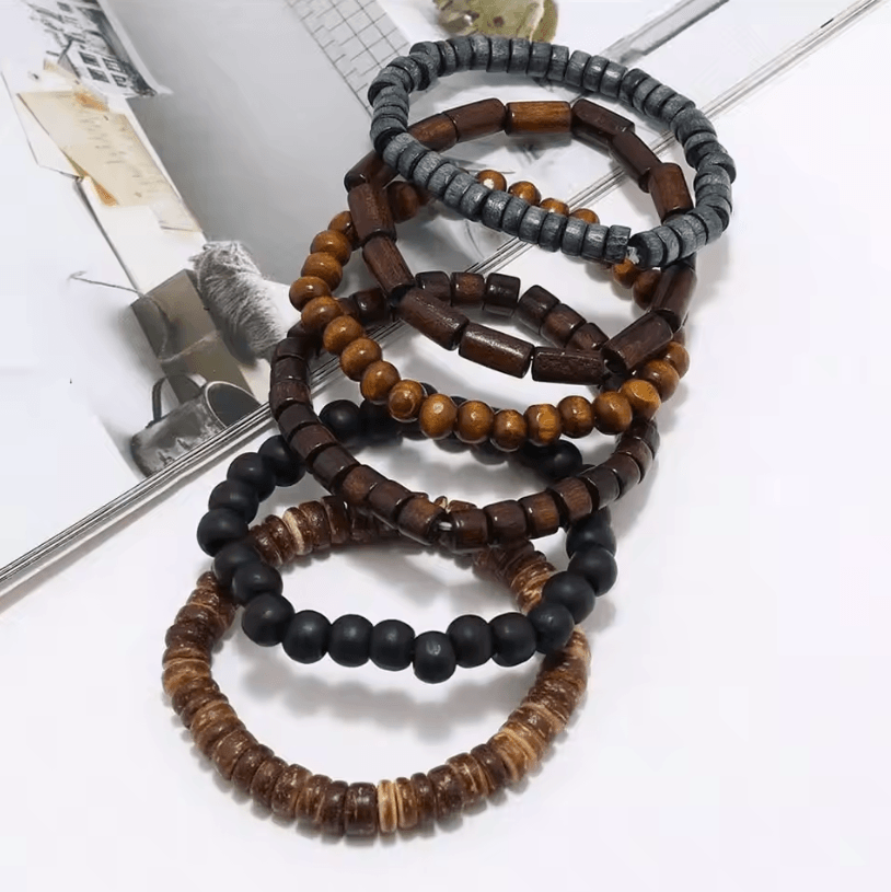 Vintage Braided Leather Bracelet Set for Men – Wood Beads Wrap Wristband Fashion Armband