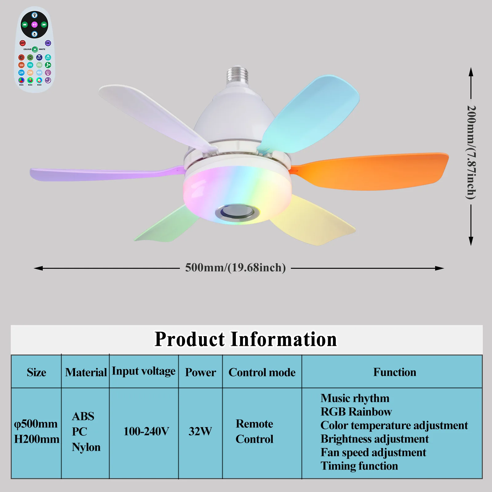 Noiseless Socket Fan Light with Remote, Small Ceiling Fans, Dimmable LED Light, Bluetooth Speaker