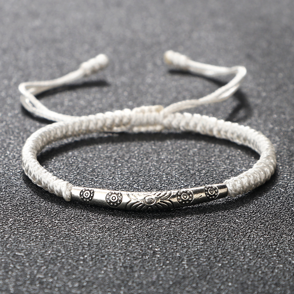 Handmade Woven Lucky Rope Chain Bangle Bohemia Long Tube Carved Flower Pendant Bracelet Jewelry Gift