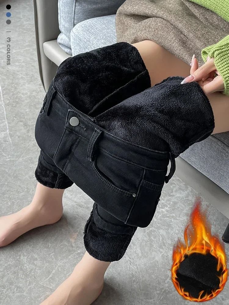 Womens Fleece Lined High Waist Jeans Warm Stretch Winter Skinny Pants