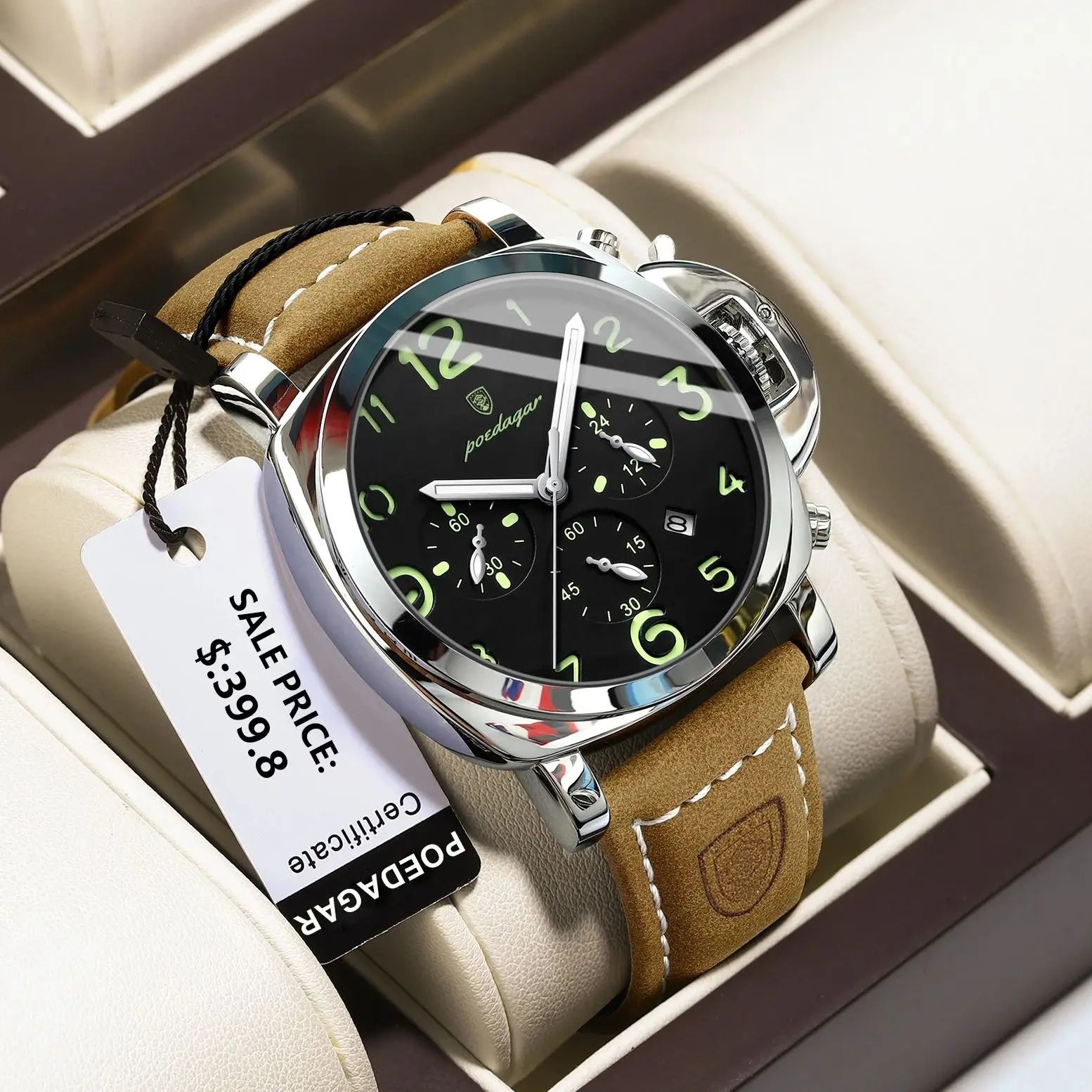 Luxury Military Waterproof Watch with Luminous Leather Strap Quartz Movement