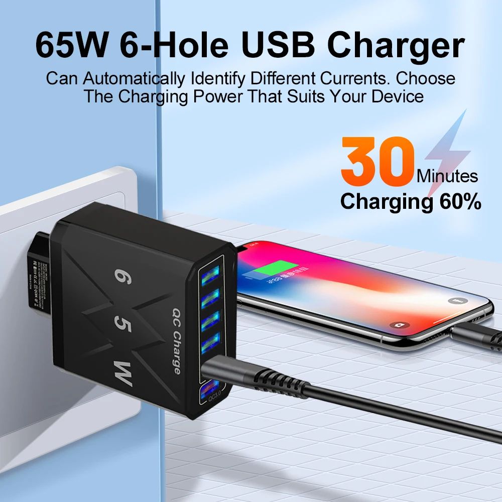 Vumpach 6-Port QC 3.0 Fast USB Charger Adapter with Interchangeable Plugs (EU US UK KR)