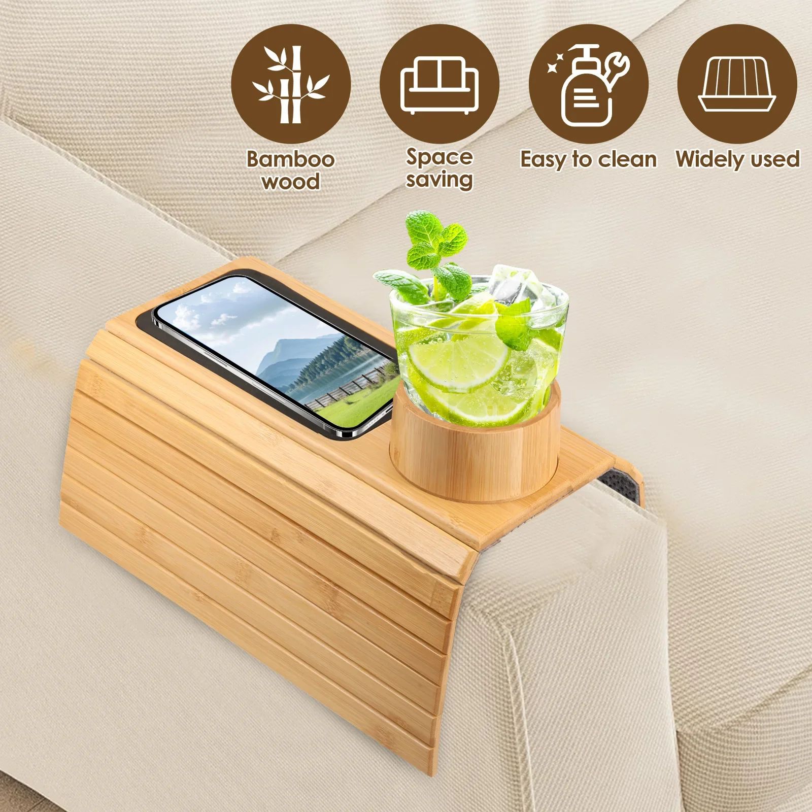 Bamboo Sofa Armrest Cup Holder Tray