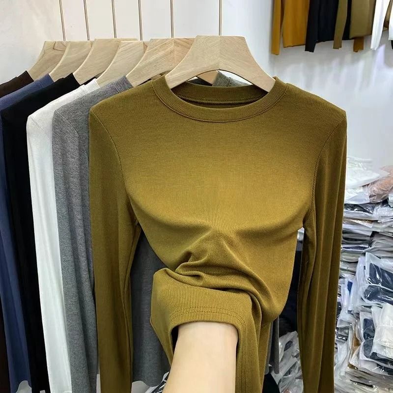 Womens Slim Fit O-Neck Long Sleeve Basic T-Shirt – Stretchy Ribbed Knit Casual Top