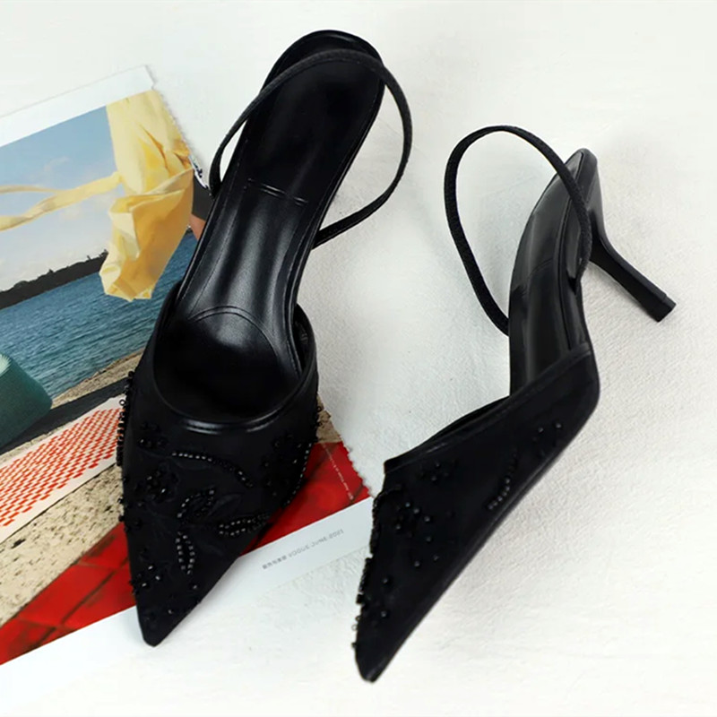 Elegant Black Mesh Embroidery Women Pumps, Sexy Pointed Toe Beaded High Heels & Designer Summer Party Heeled Sandals