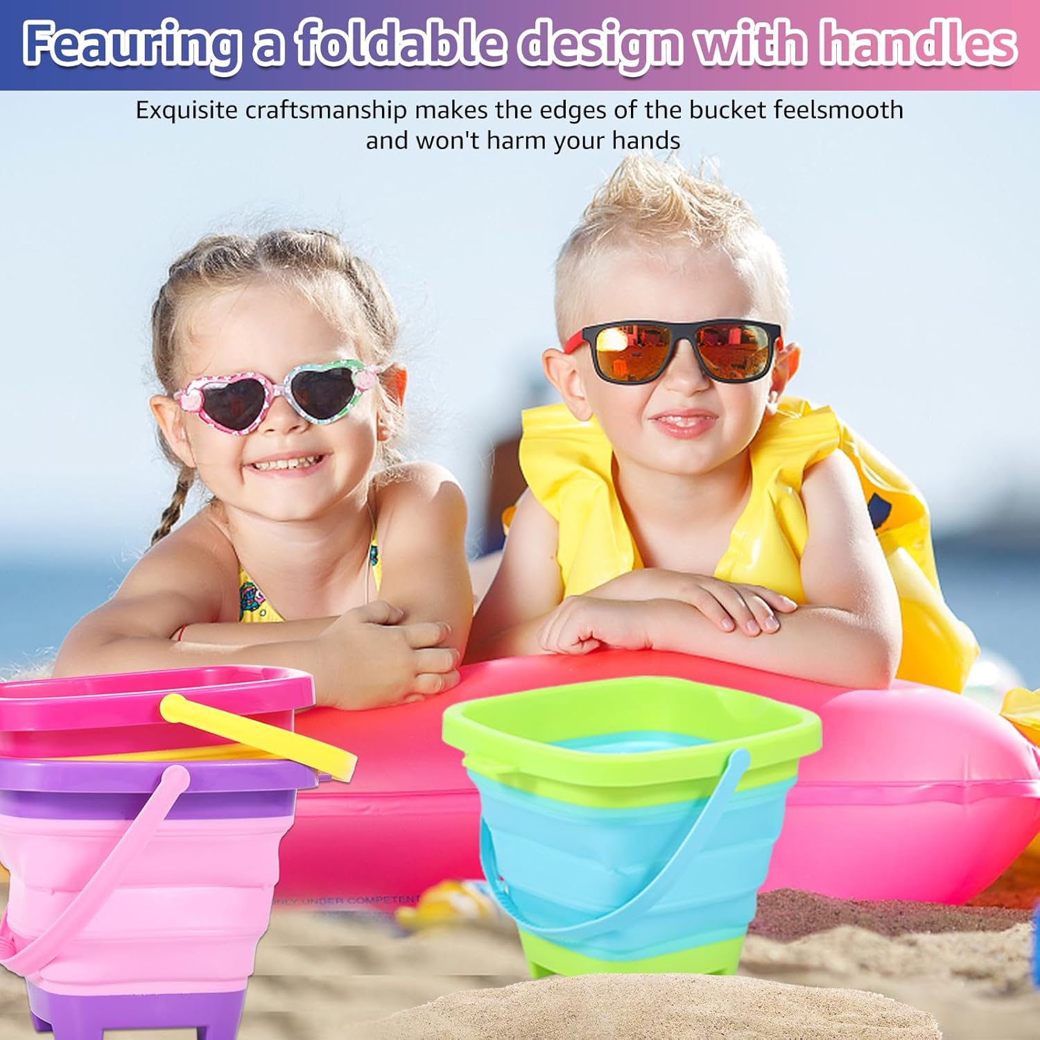 Collapsible Beach Bucket Set for Kids Pack Silicone Sand Buckets