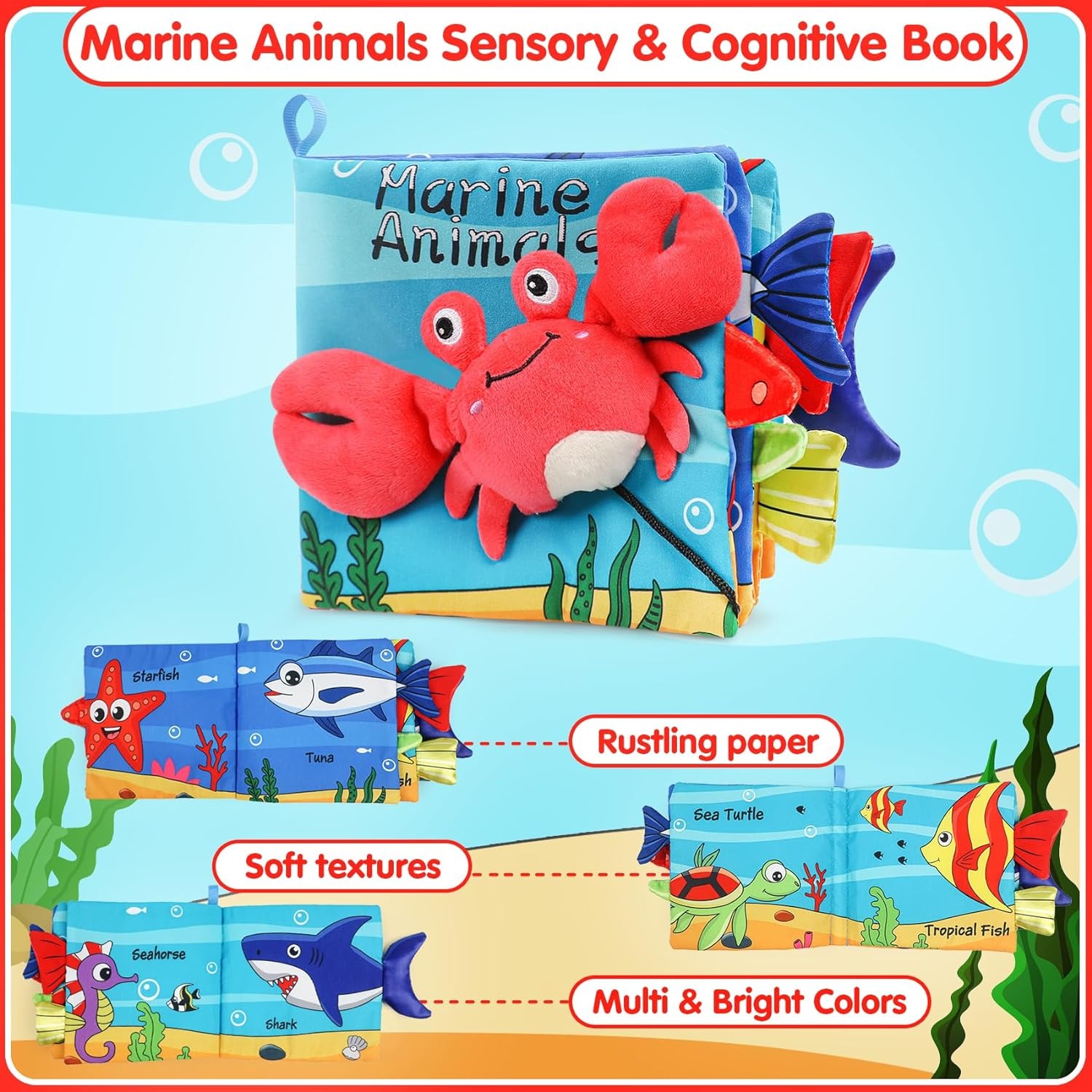 Crinkle Cloth Book, Baby Soft Books Toys, Marine Animal Tails for Infant, Interactive Stroller Soft Toys, Early