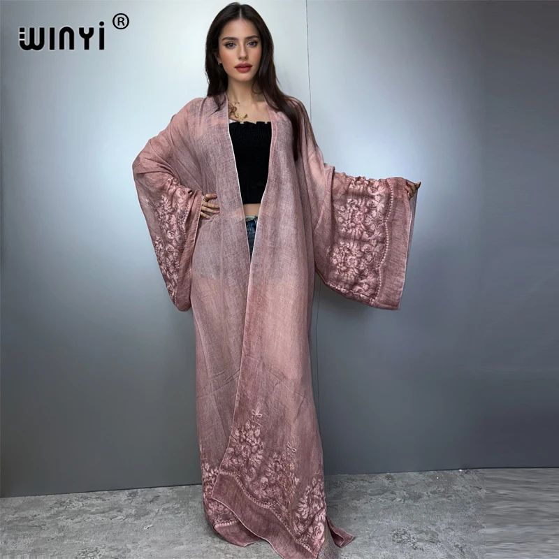 Hand-Dyed Embroidered Beach Kimono Maxi Cover Up