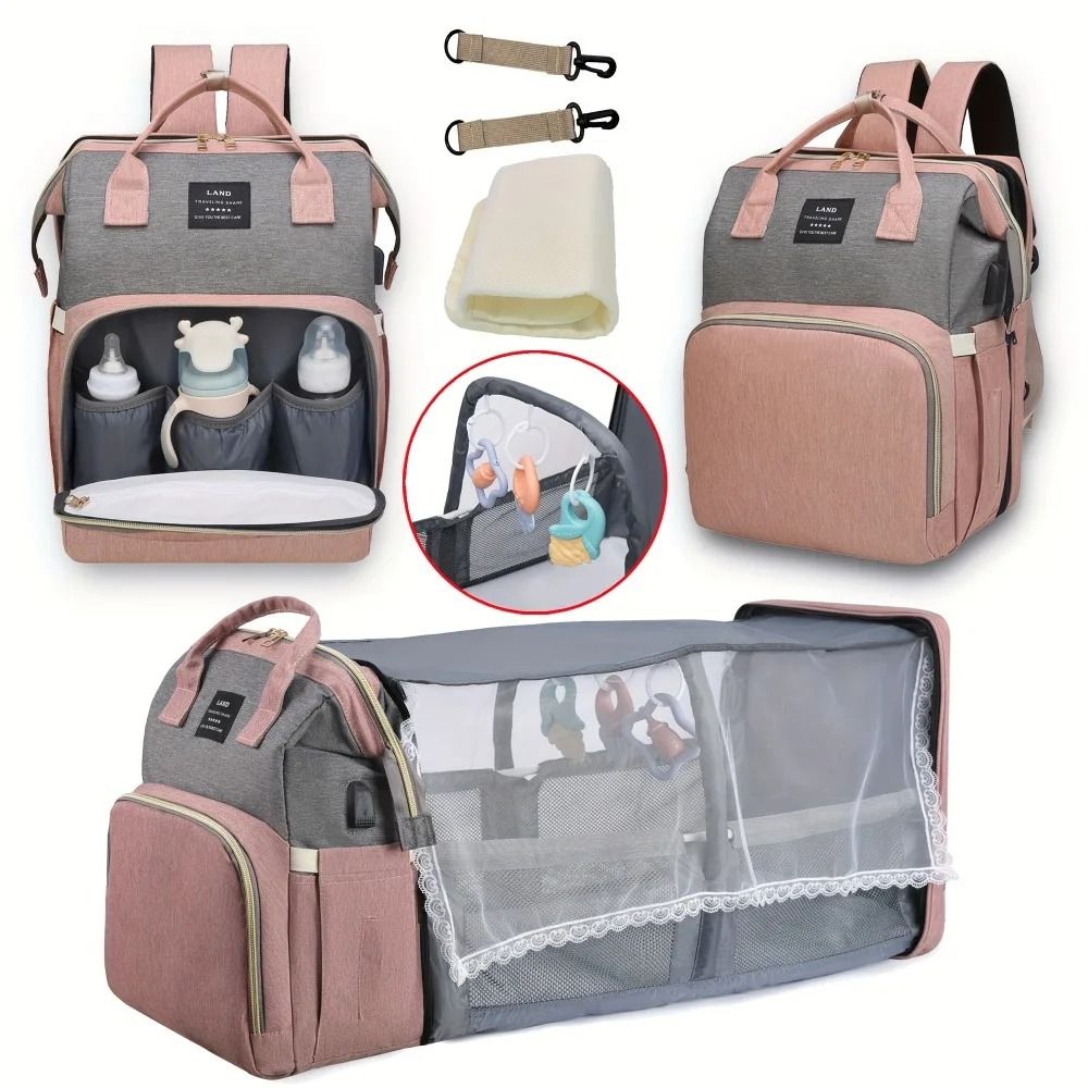 Large Capacity Mom Travel Backpack Diaper Bag with Portable Folding Crib Bed