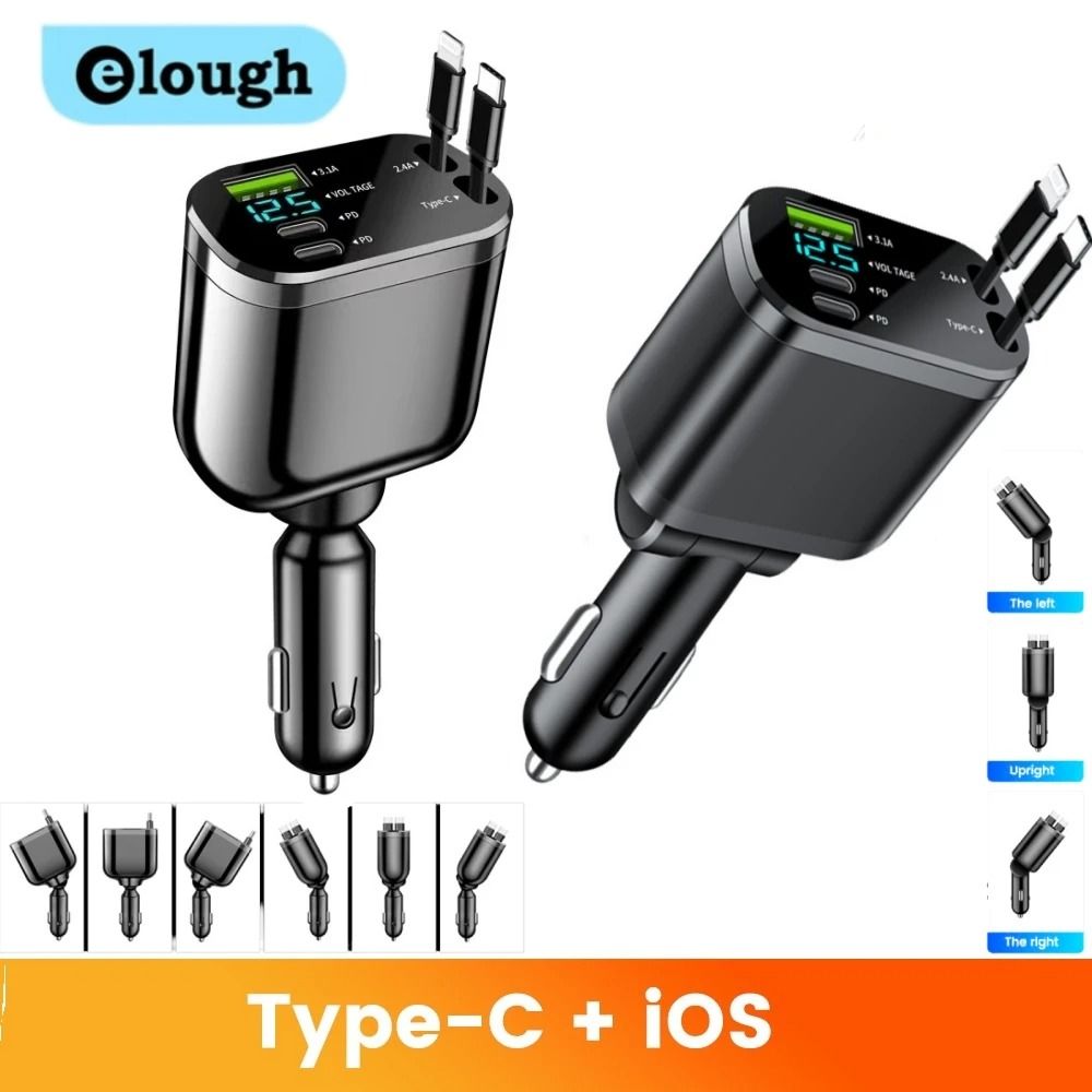 Elough 5-in-1 Retractable Car Charger Adapter – Fast Charging Type-C & Lightning for iPhone & Samsung