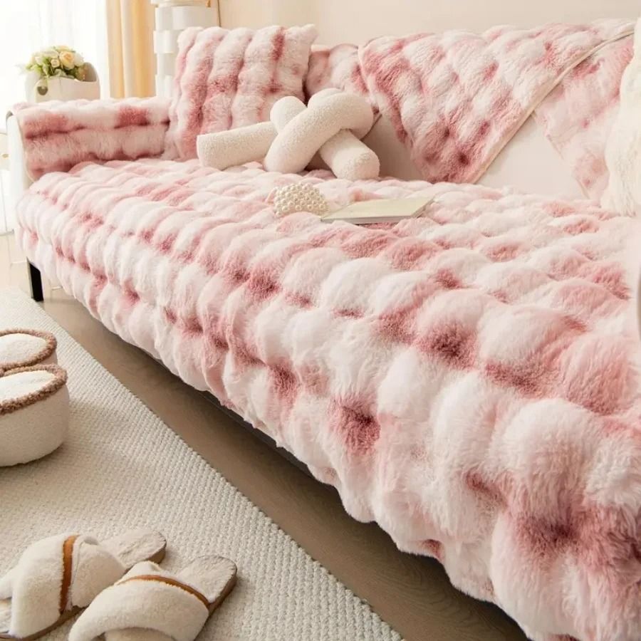 Thick faux rabbit fur sofa slipcover non slip plush couch cushion cover