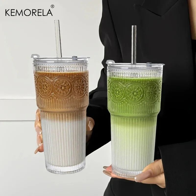 Floral Glass Tumbler – High-Performance 600ML Drinking Cup with Lid & Straw