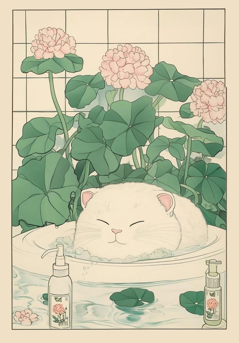 Japanese Tabby Cat in Bathtub | Retro Aesthetic Japandi Canvas Art