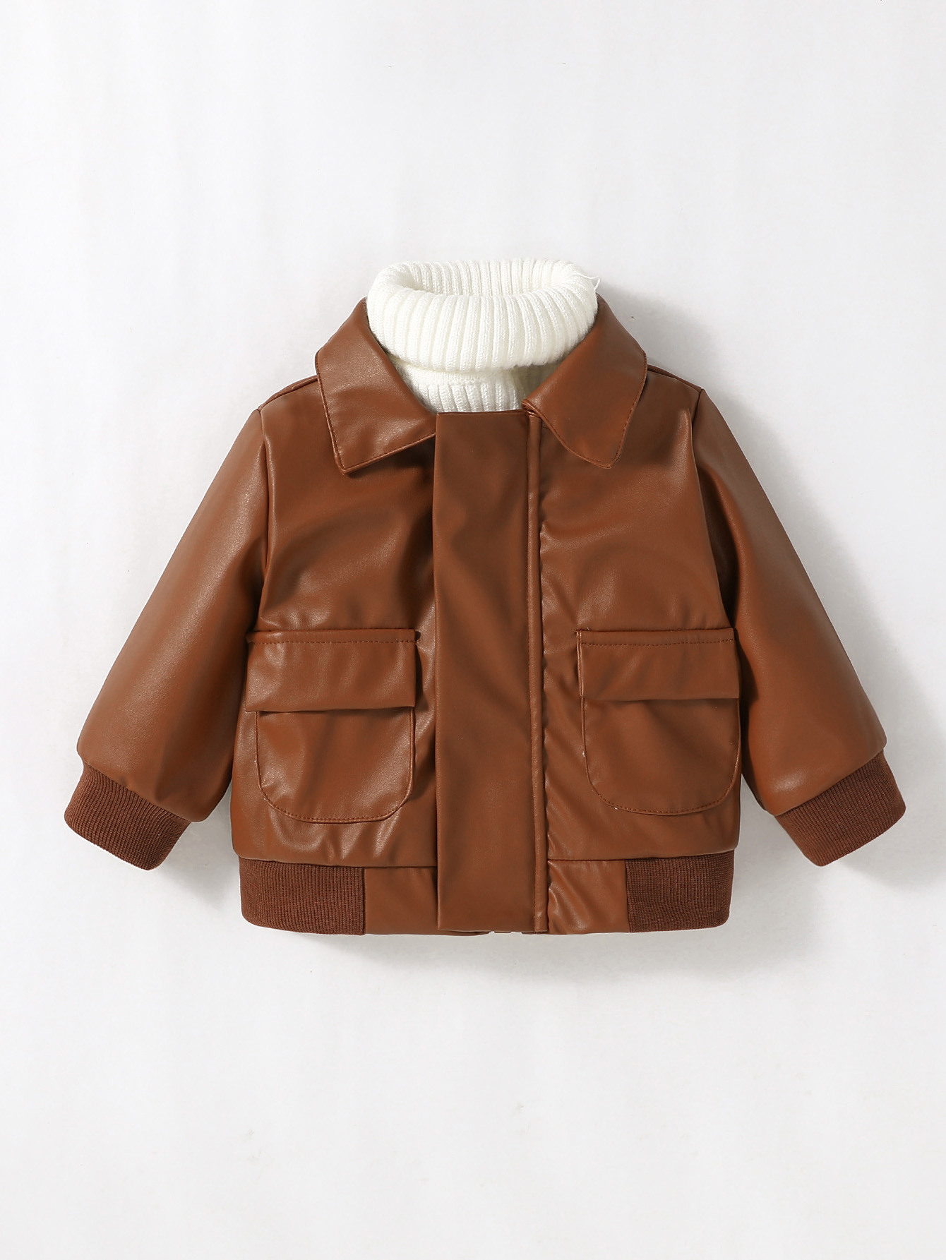 2024 New Baby Boys PU Leather Jacket, 1-3Y Fall Winter Leather Coat with Turn-Down Collar, Zipper, Fashion Outwear