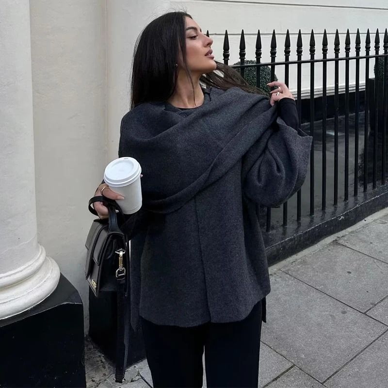 Women Plush Winter Coat with Asymmetric Scarf Collar