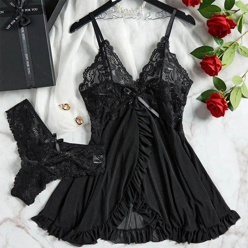 Women Summer Lace Nightgown Set with Suspender Dress and Thong
