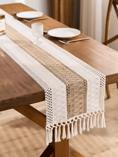 Boho Macrame Table Runner Cream & Brown Farmhouse Tassel Table Decor