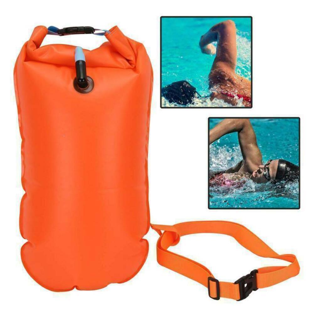 Inflatable Open Swimming Buoy Tow Float Dry Bag, Double Air Bag with Waist Belt for Water Sports & Safe Swimming