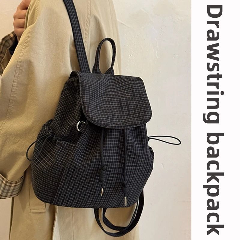 Lightweight Checkered Nylon Drawstring Backpack