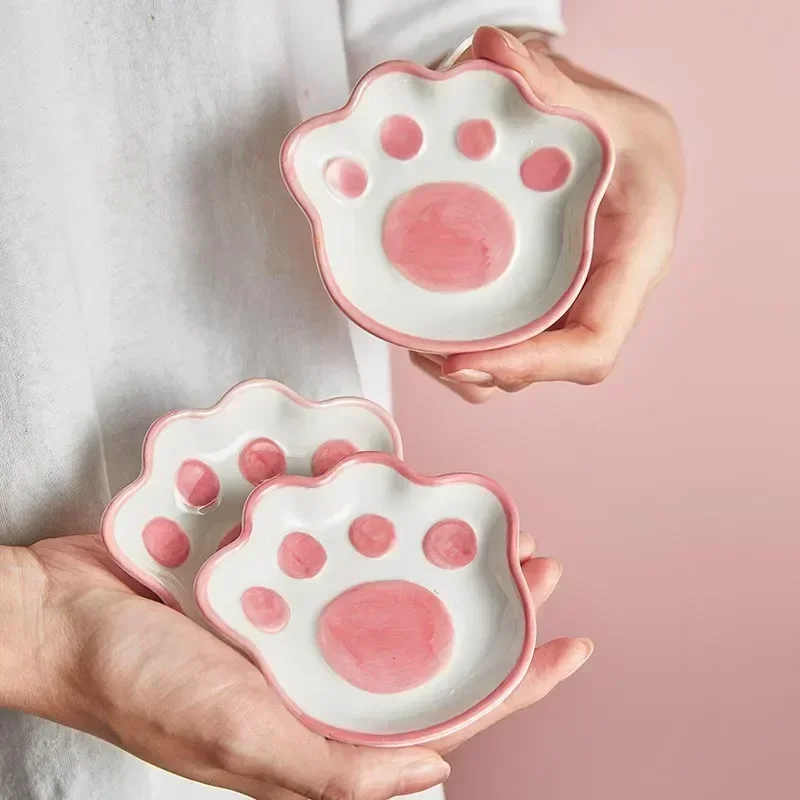 Ceramic Cat Paw Dish Set, Cute Cartoon Dessert Plates, Soy Sauce and Dip Bowls for Household Kitchen