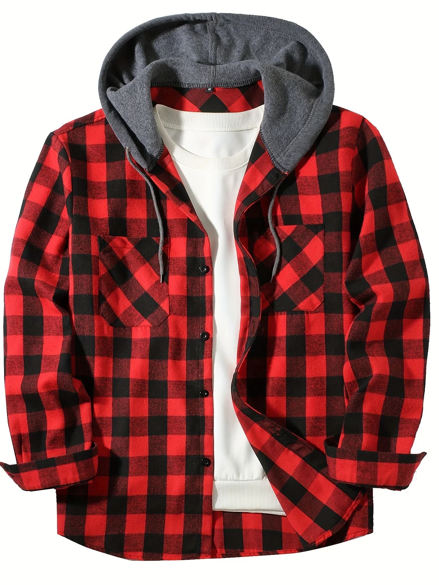 Mens Hooded Plaid Shirt Casual Slim Fit Long Sleeve Jacket