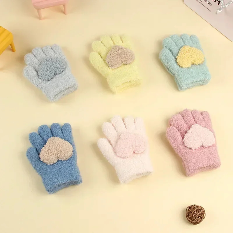 Knitted Baby Gloves, Cute Cartoon Full Fingers Mittens, Warm, Fluffy Bow Outdoor Gloves
