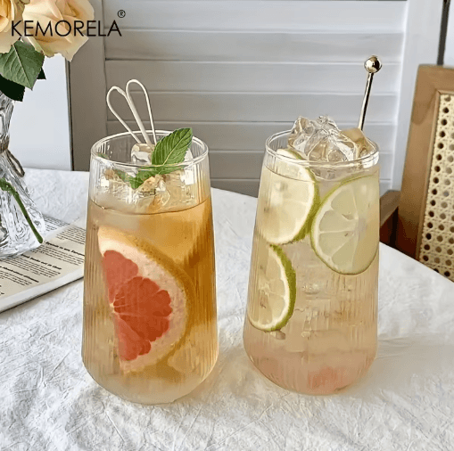 KEMORELA Heat Resistant Striped Glass Cups 4 to 6 Piece Clear Coffee and Water Drinking Set