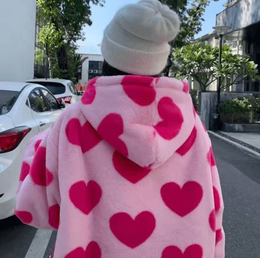 Harajuku Heart Plush Hooded Jacket – Cozy plush winter jacket women