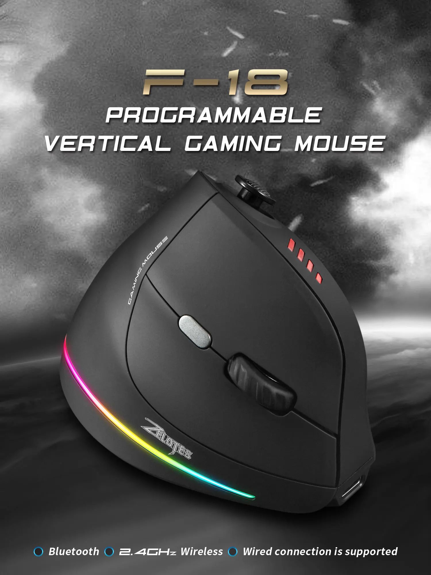 JOMAA RGB Wireless Vertical Gaming Mouse, 24000 DPI, Programmable Buttons, Wired or Wireless Control