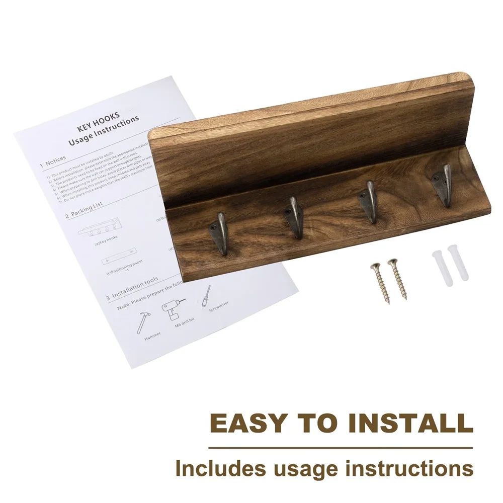 Farmhouse Rustic Wood Key Holder Wall Shelf with Hooks