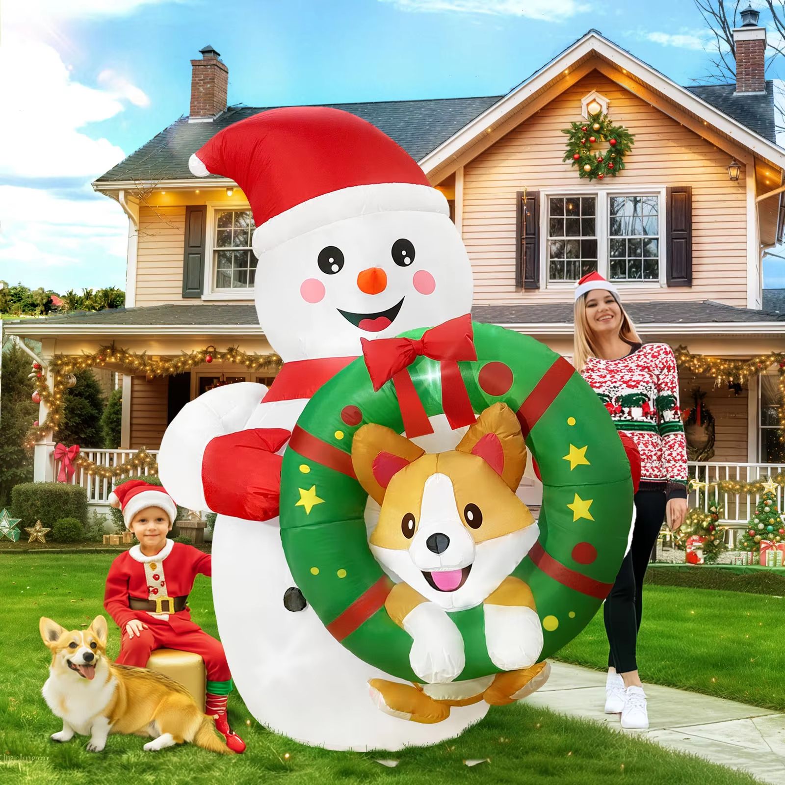 72in Christmas Inflatable Snowman with Corgi Wreath LED Outdoor Holiday Yard Decoration
