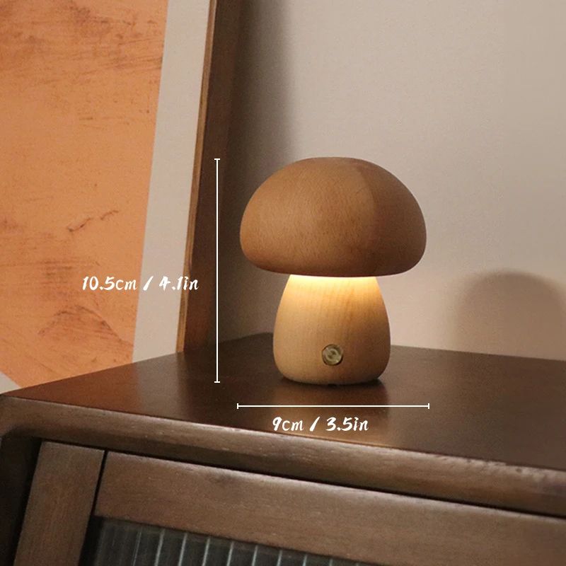 Wooden Mushroom Night Light Touch Control Dimmable Bedside Lamp