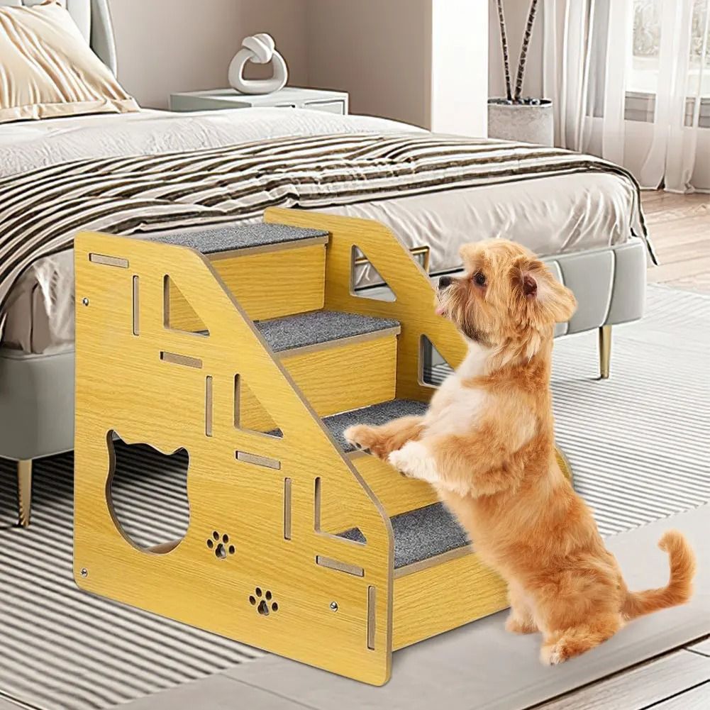4 Step Wooden Pet Stair Ladder with Carpeted Steps