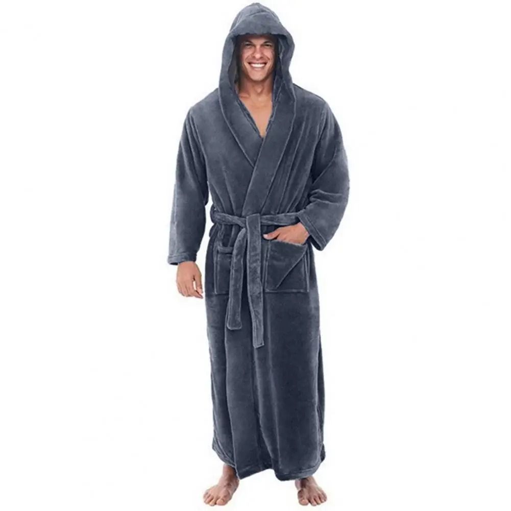 Mens Hooded Flannel Long Bathrobe Soft Fluffy Home Gown