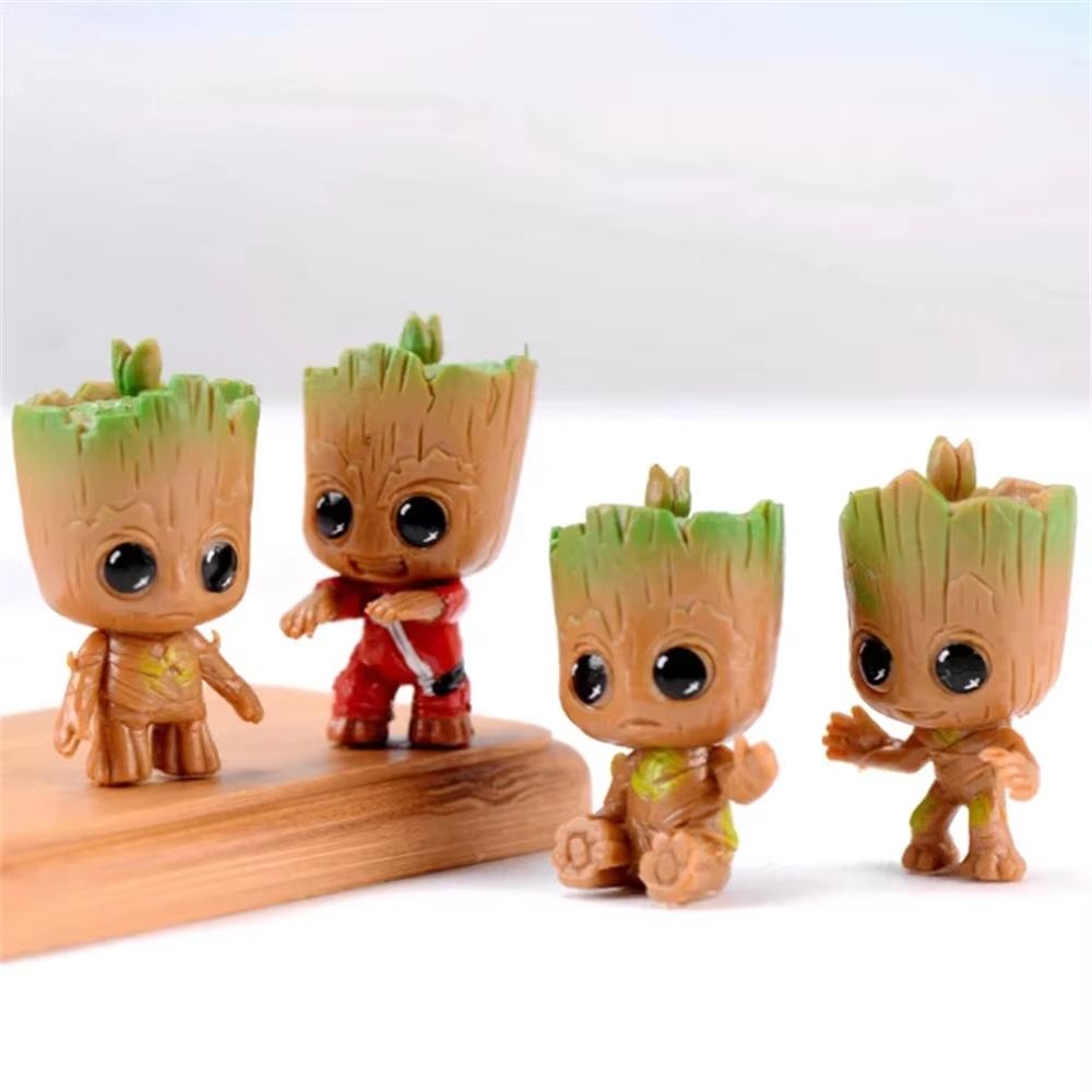 4-Piece Cute Groot Miniature Model Set | Home Supplies Decoration Figurines & Anime Hero Tree-Man Character Decor