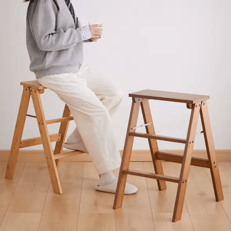 Solid Wood Folding Ladder Chair Thickened Wooden Step Stool and Folding Chair Natural Wood